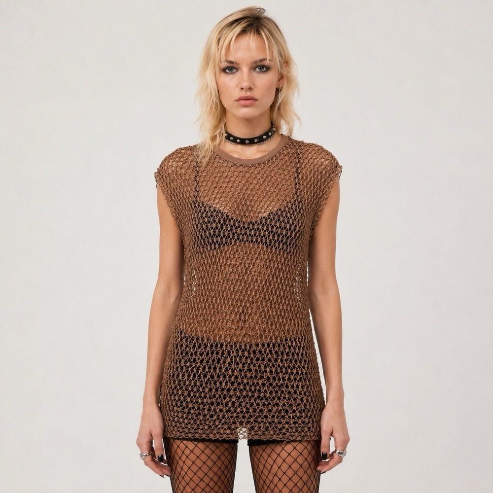 Urban Outfitters Open Knit Crochet Top Sheer Sleeveless Coastal Layer Long Small